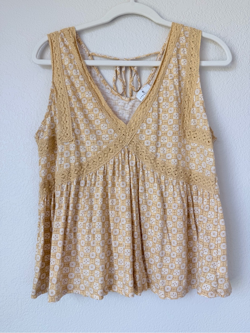 True Craft Mustard Floral Crochet Lace Babydoll Tank Top Size L